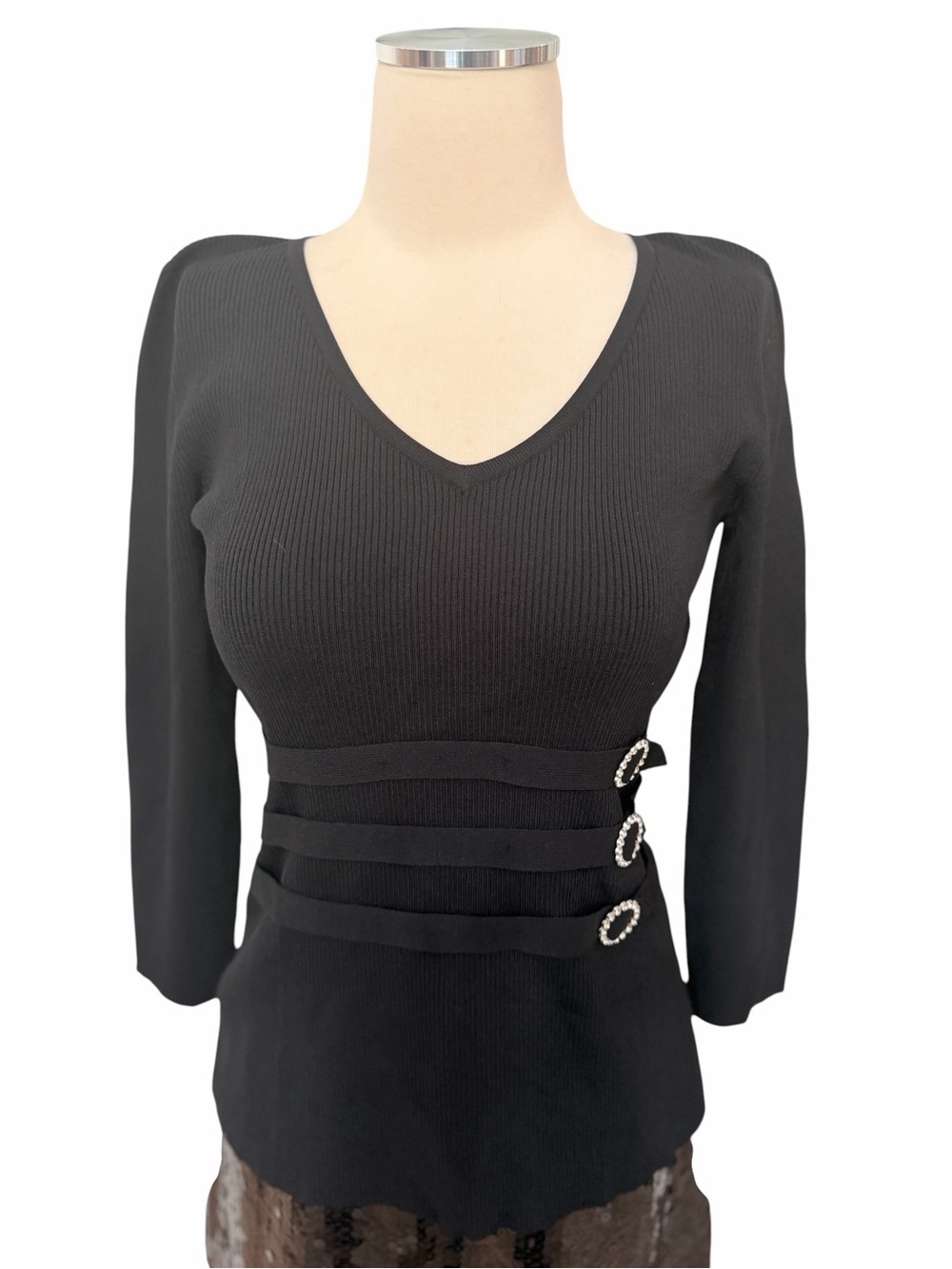 Cable & Gauge Black V-Neck Ribbed Sweater with Decorative Crystal Buckles Sz S